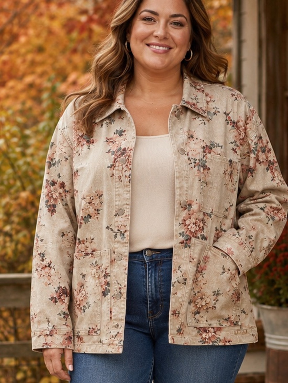 Universal Thread Women's Relax Fit Western Chore Coat in khaki floral print